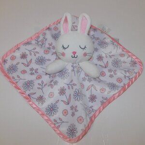 George Floral Bunny Rabbit Security Blanket White Pink Satin Trim Baby lovey